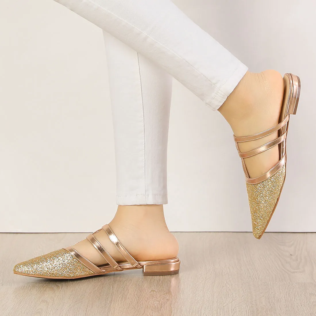 Glitter Pointed Toe T Strap Slip On Flats Mules