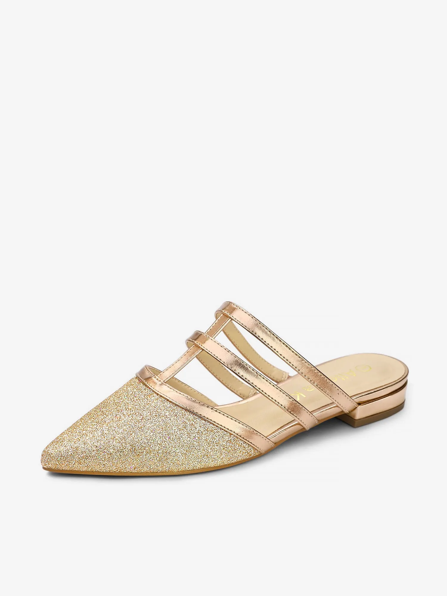 Glitter Pointed Toe T Strap Slip On Flats Mules