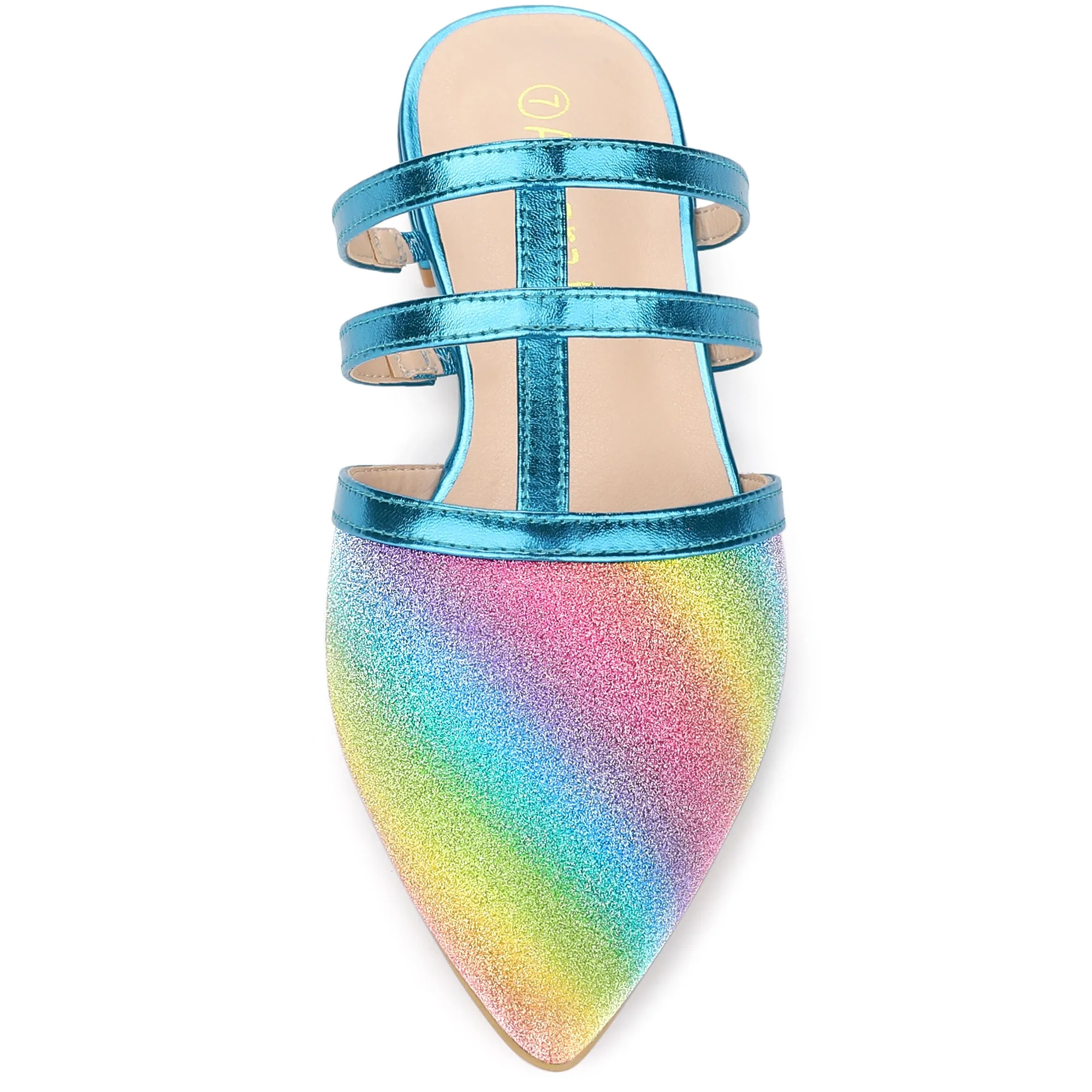 Glitter Pointed Toe T Strap Slip On Flats Mules