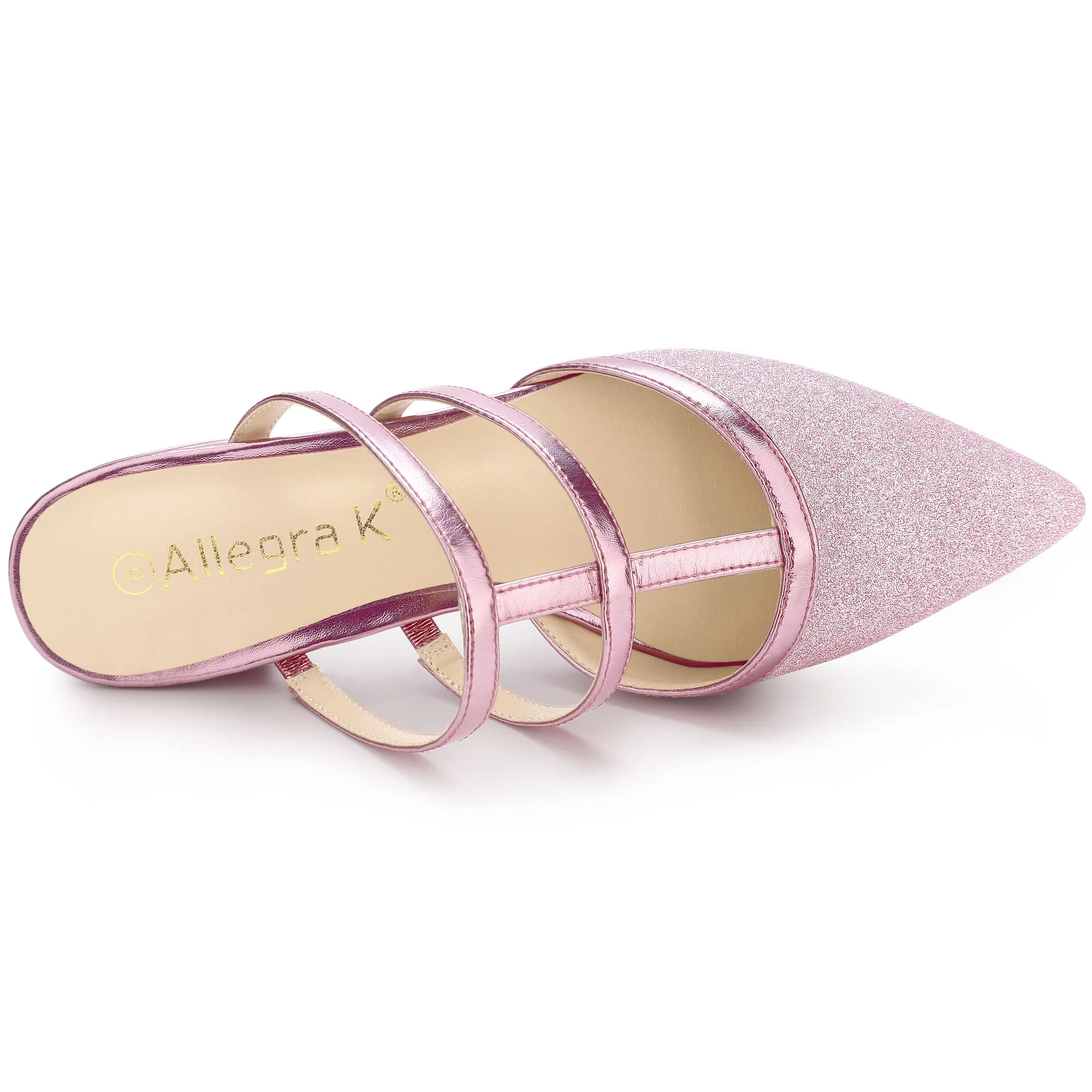 Glitter Pointed Toe T Strap Slip On Flats Mules