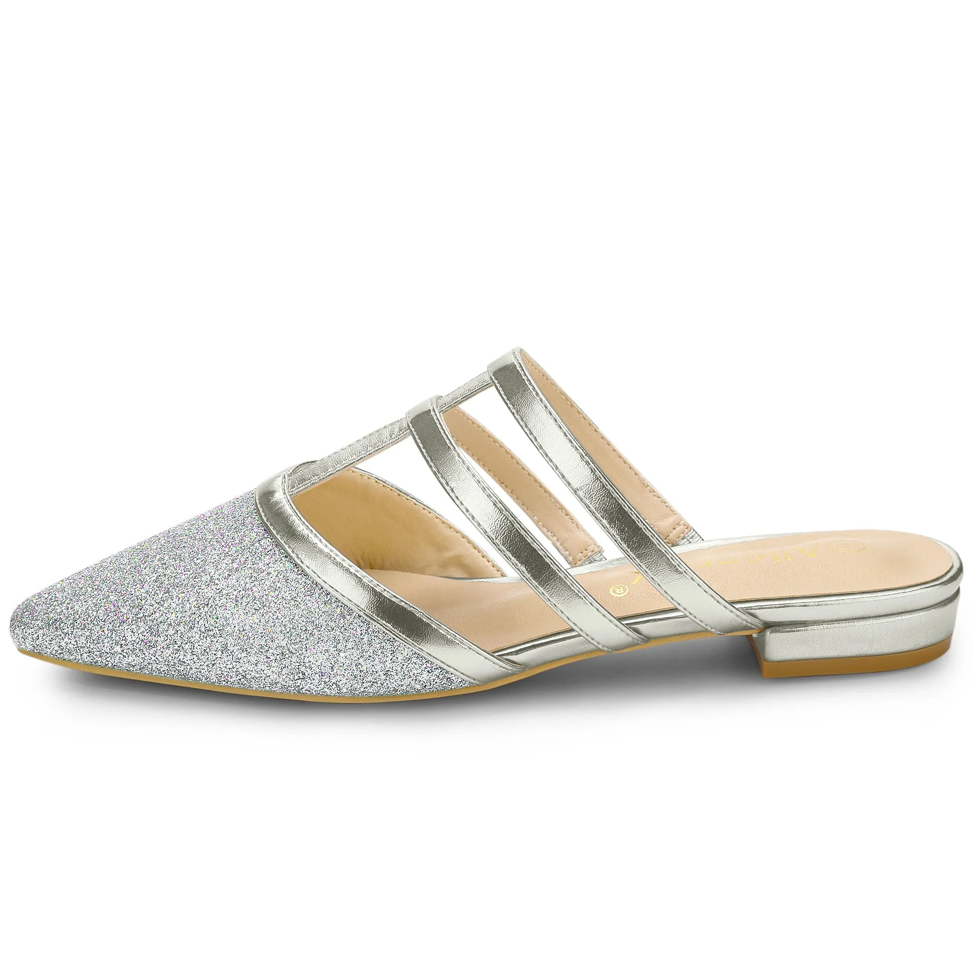 Glitter Pointed Toe T Strap Slip On Flats Mules