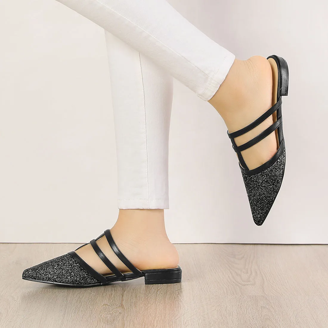 Glitter Pointed Toe T Strap Slip On Flats Mules