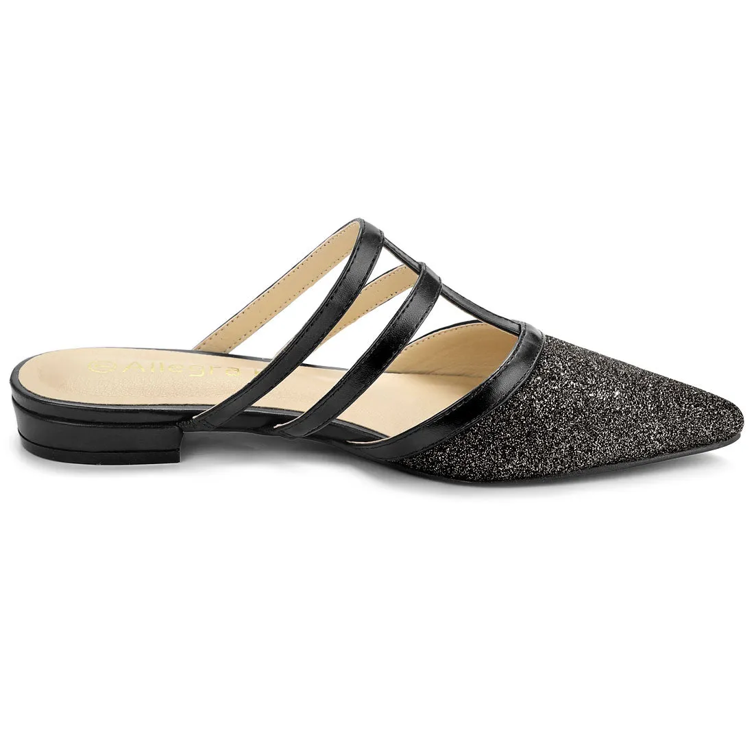 Glitter Pointed Toe T Strap Slip On Flats Mules