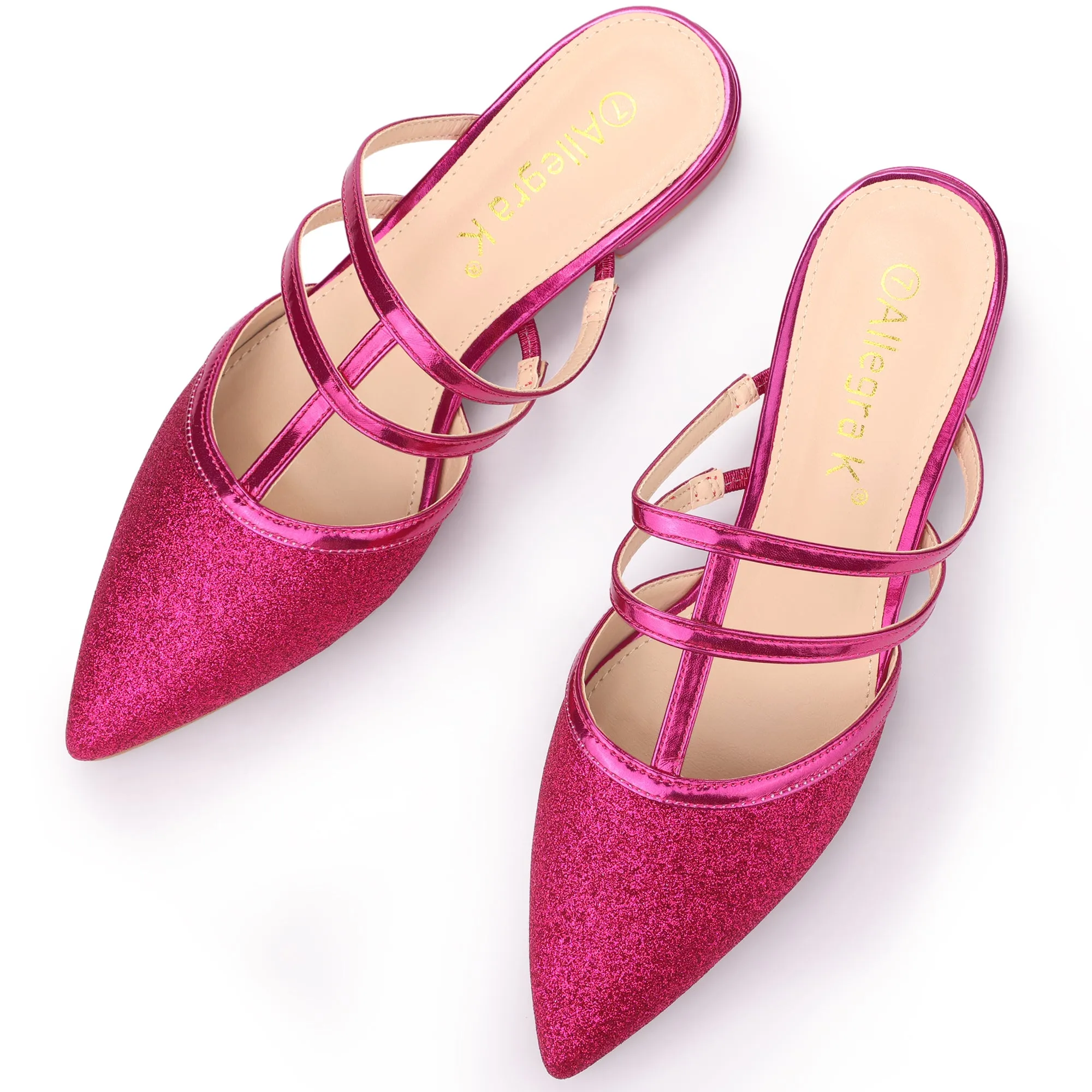 Glitter Pointed Toe T Strap Slip On Flats Mules