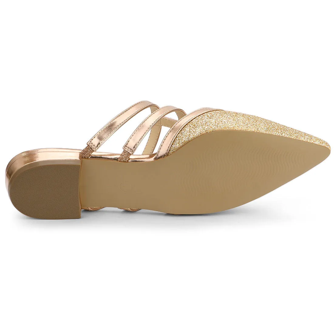 Glitter Pointed Toe T Strap Slip On Flats Mules
