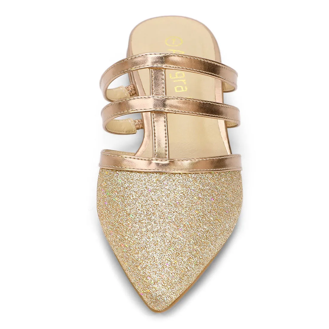 Glitter Pointed Toe T Strap Slip On Flats Mules