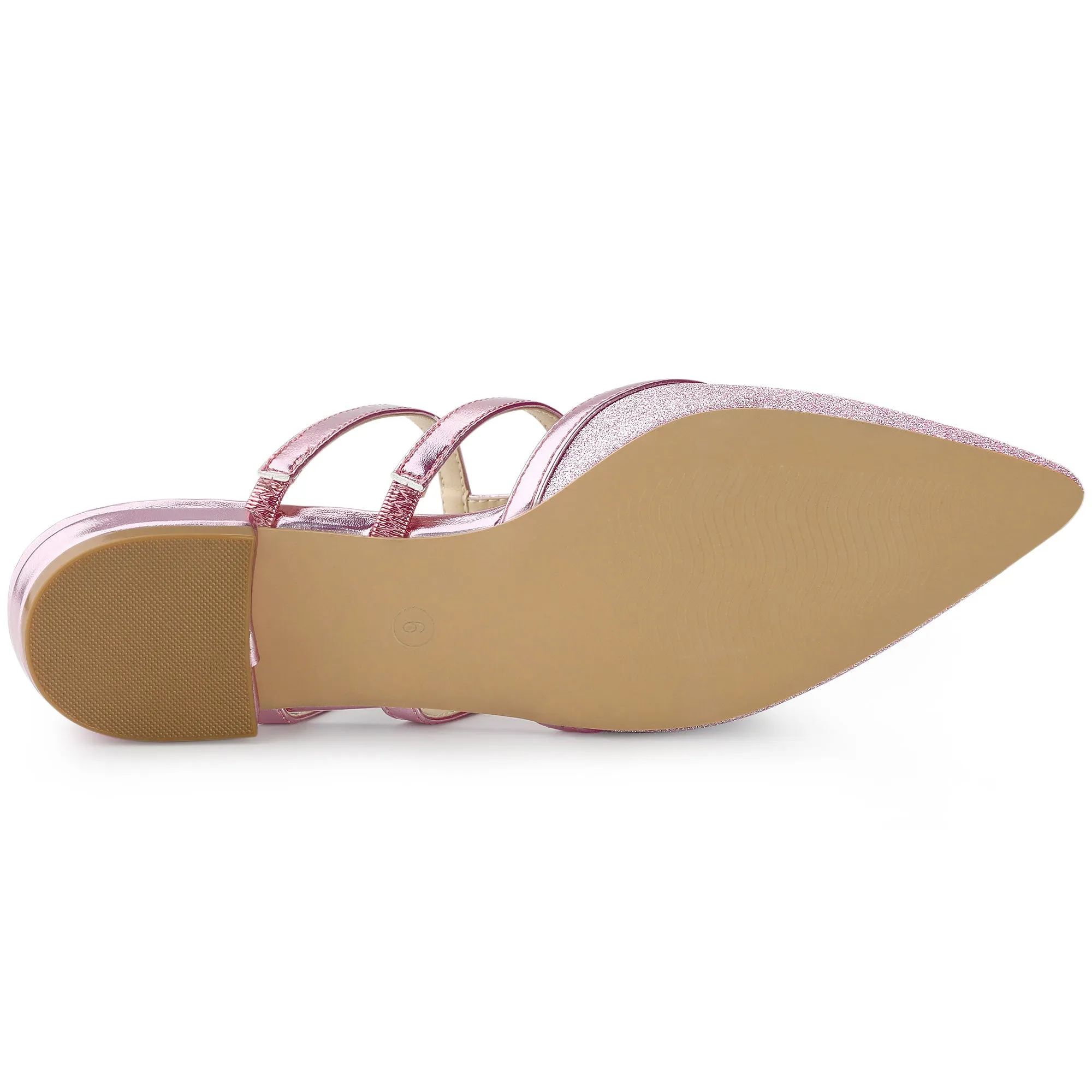 Glitter Pointed Toe T Strap Slip On Flats Mules