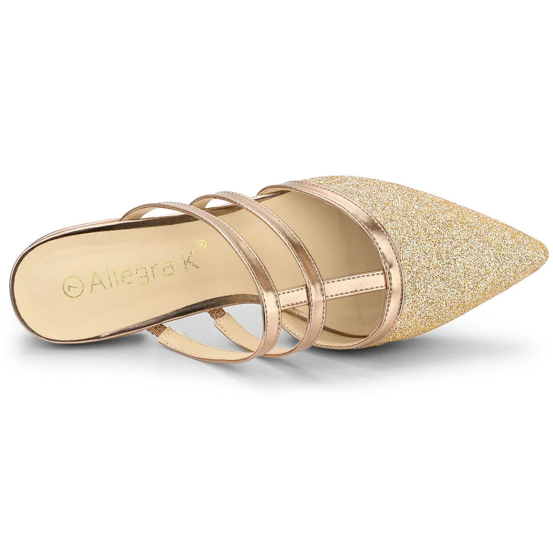 Glitter Pointed Toe T Strap Slip On Flats Mules