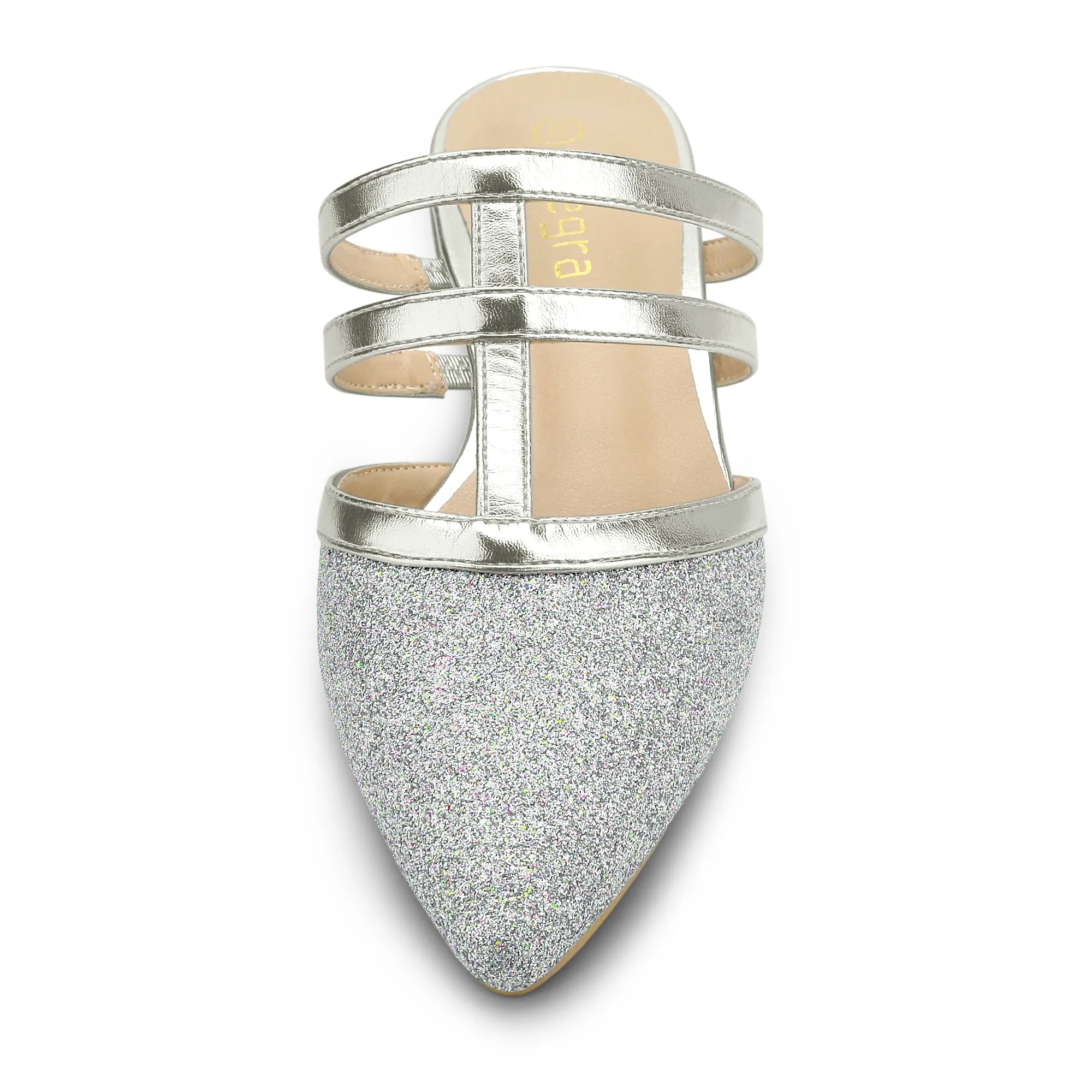 Glitter Pointed Toe T Strap Slip On Flats Mules