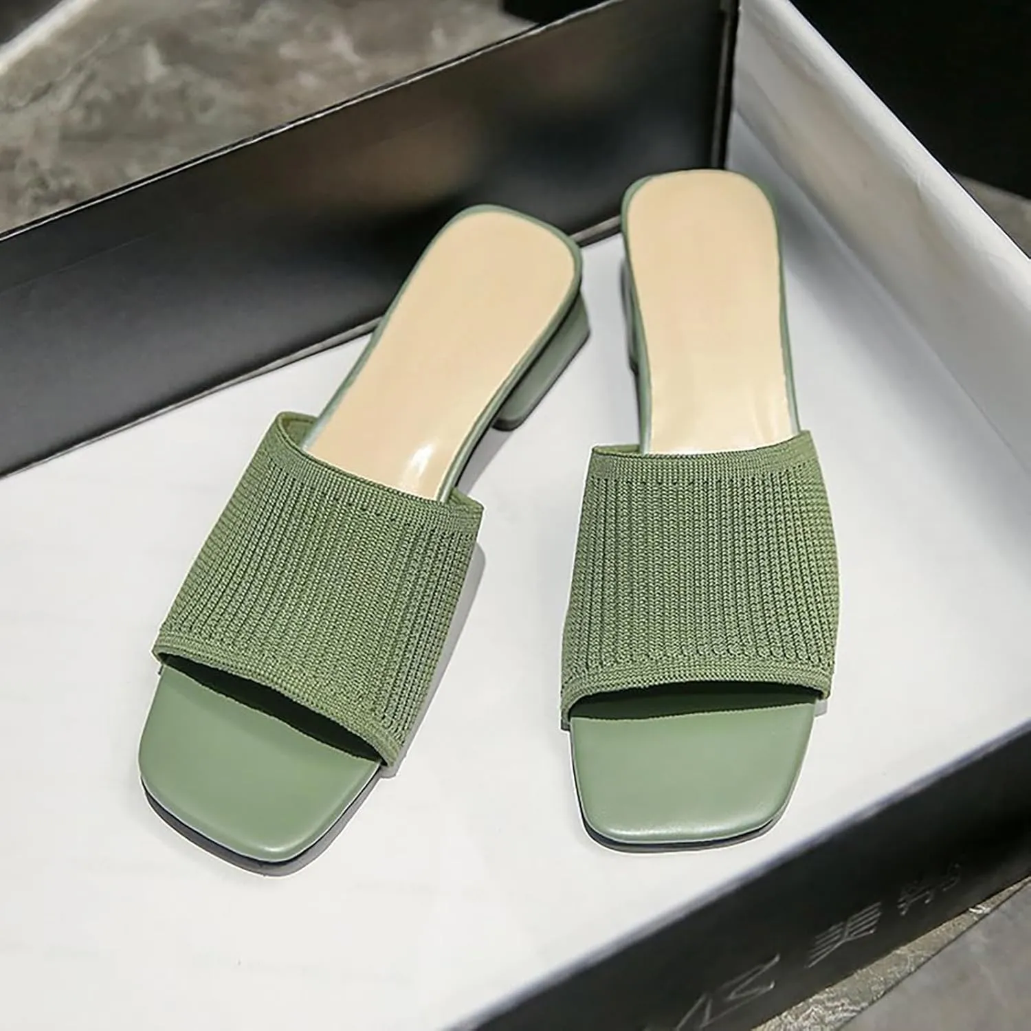 Heeled Sandals for Women 2025 Summer Comfortable Square Open Toe Knit Sandal Trendy Square Heels Slip on Slides Casual Dress Pumps Shoes