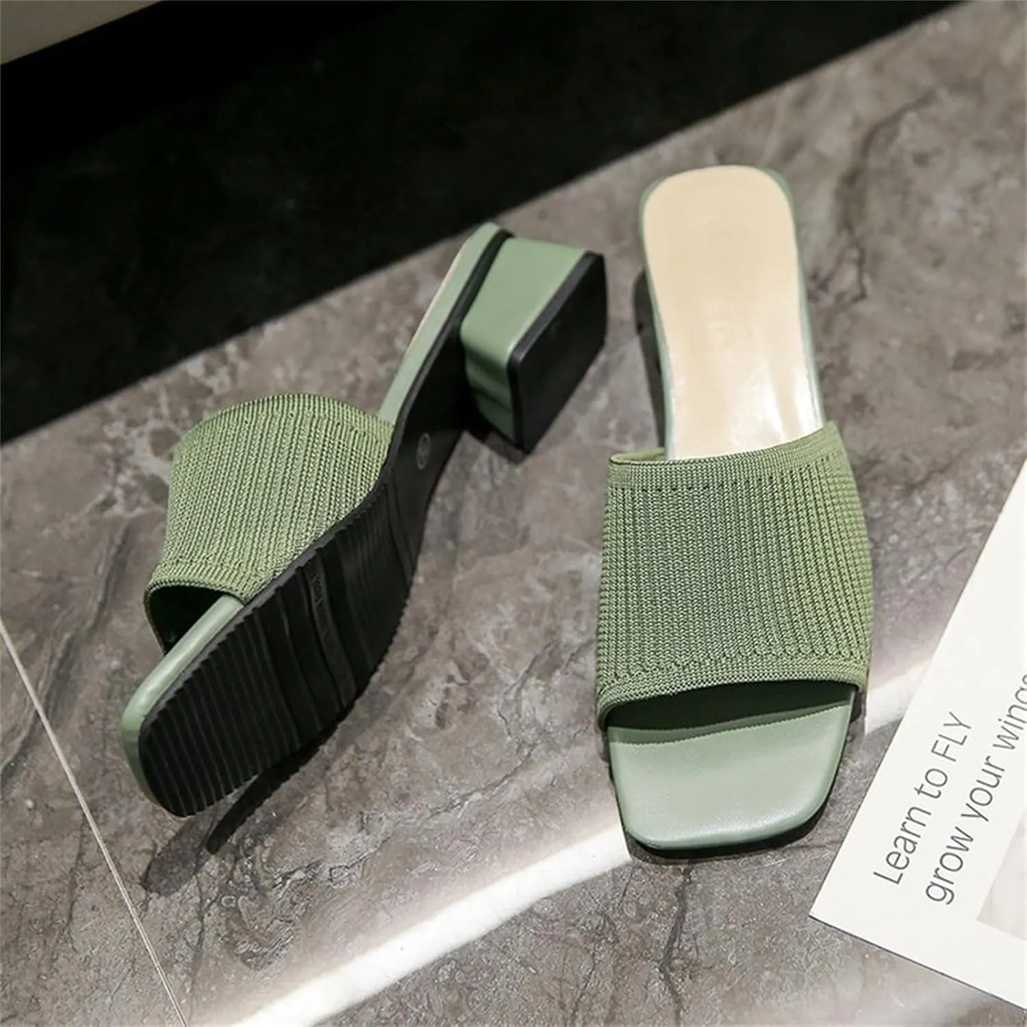 Heeled Sandals for Women 2025 Summer Comfortable Square Open Toe Knit Sandal Trendy Square Heels Slip on Slides Casual Dress Pumps Shoes
