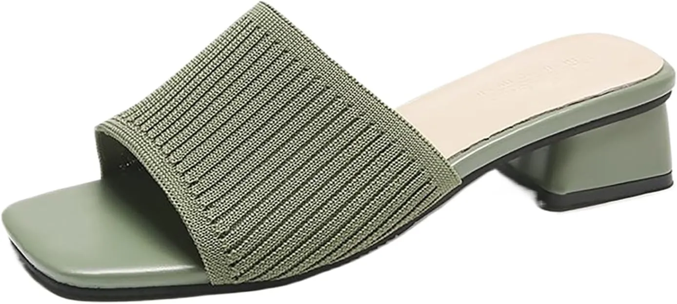 Heeled Sandals for Women 2025 Summer Comfortable Square Open Toe Knit Sandal Trendy Square Heels Slip on Slides Casual Dress Pumps Shoes