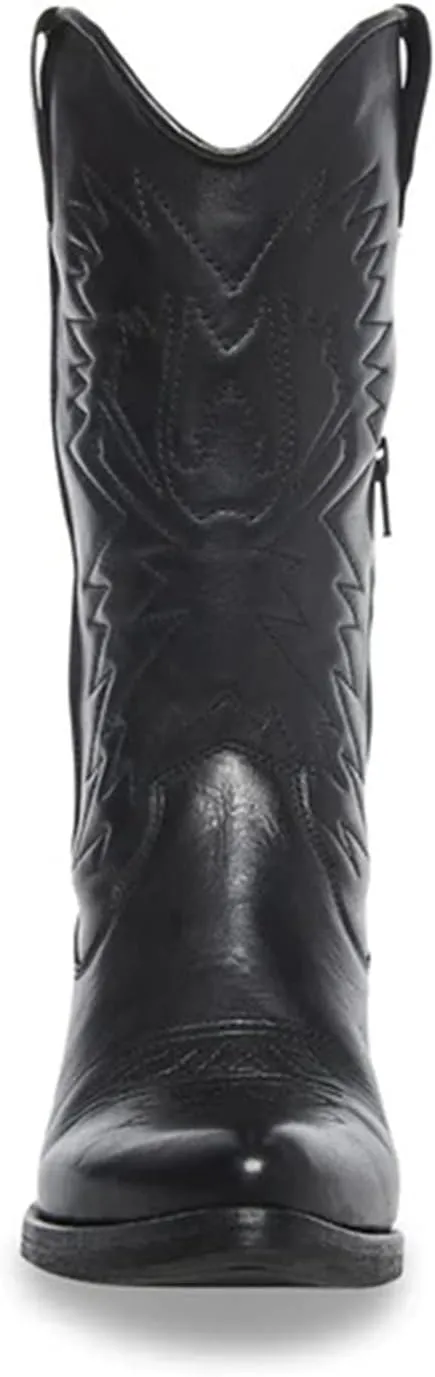 Ladmiple Cowgirl Boots Women Mid Calf Embroidered Pull On Cowboy Boots Block Chunky Heel Western Riding Wedding Boots
