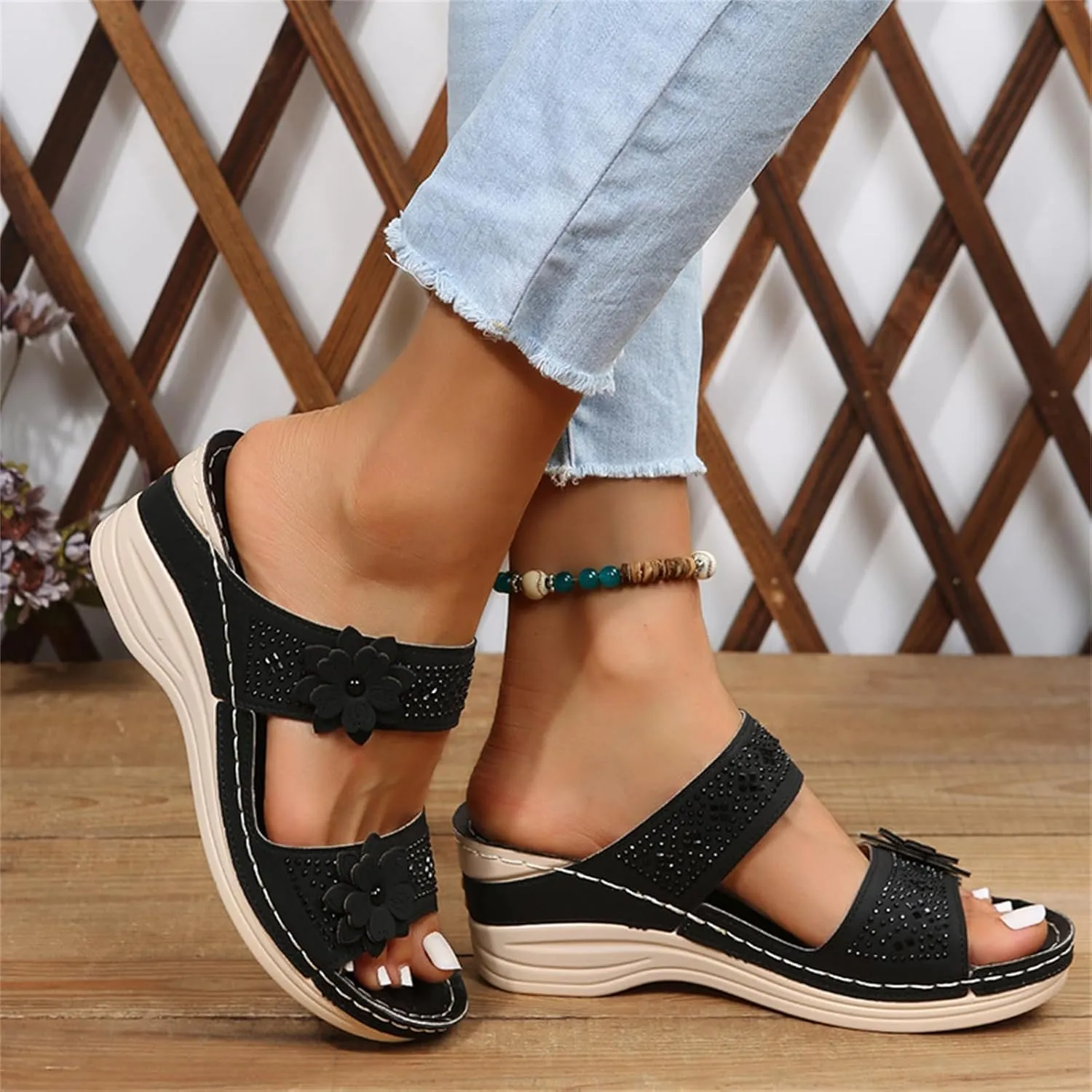 Lausiuoe Orthopedic Sandals For Women Arch Support Sandals Wedge Heel Slip On Summer Shoes Dressy Orthotic Slides Flip Flops