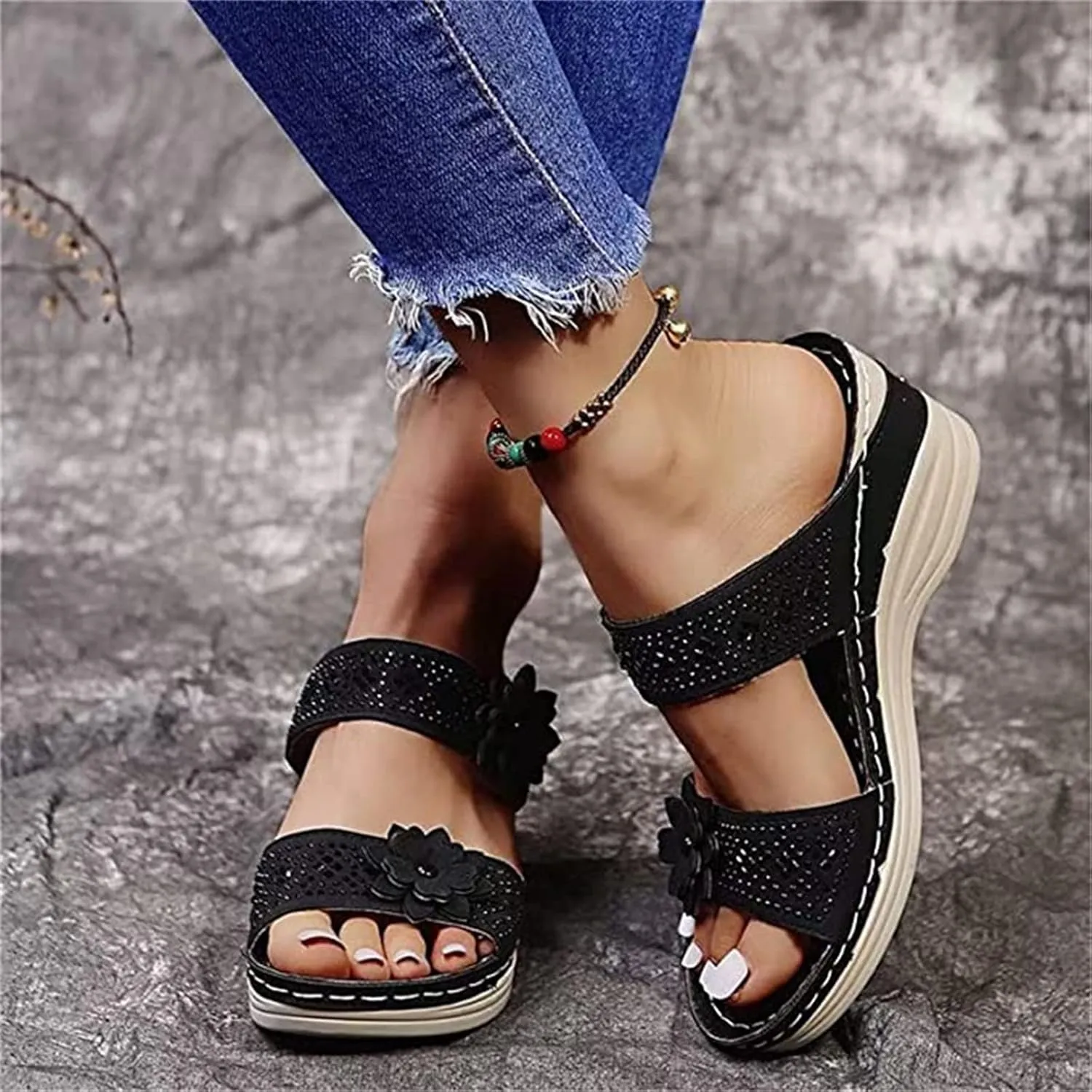 Lausiuoe Orthopedic Sandals For Women Arch Support Sandals Wedge Heel Slip On Summer Shoes Dressy Orthotic Slides Flip Flops