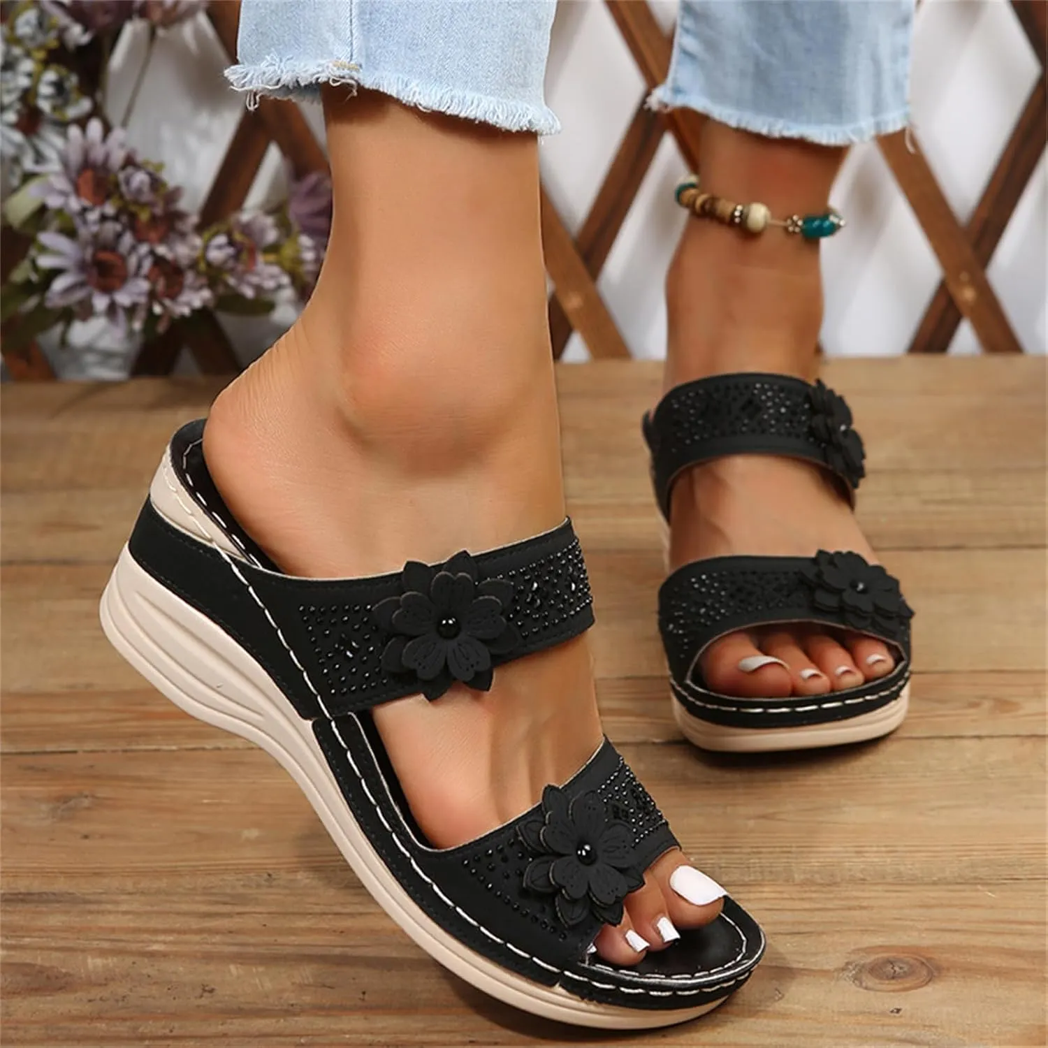 Lausiuoe Orthopedic Sandals For Women Arch Support Sandals Wedge Heel Slip On Summer Shoes Dressy Orthotic Slides Flip Flops