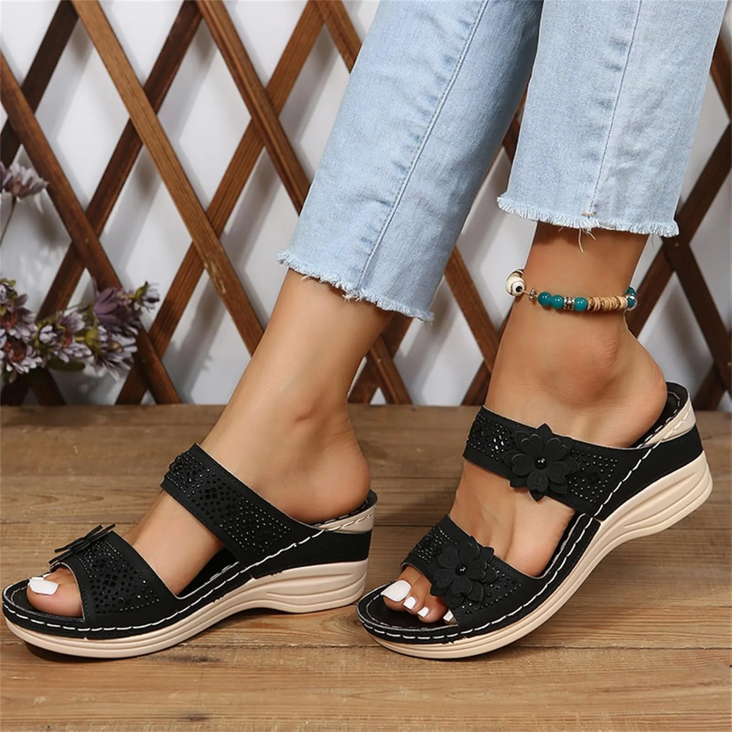 Lausiuoe Orthopedic Sandals For Women Arch Support Sandals Wedge Heel Slip On Summer Shoes Dressy Orthotic Slides Flip Flops
