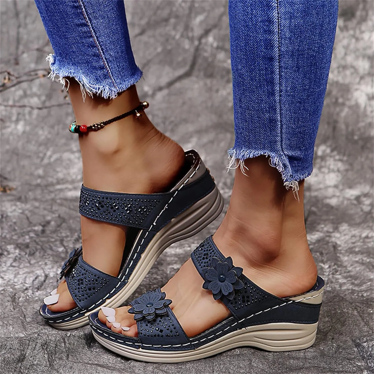 Lausiuoe Sandals Women Dressy Summer Flat Arch Support Orthopedic Slippers Comfy Casual Soft Sole Walking Orthotic Slides