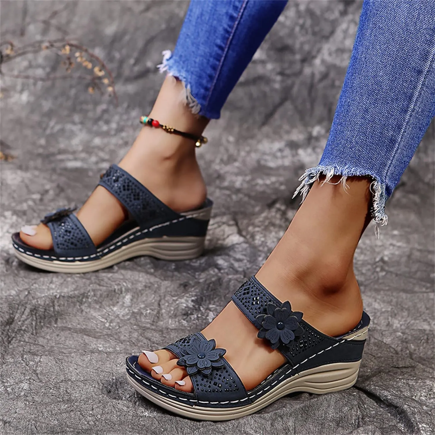 Lausiuoe Sandals Women Dressy Summer Flat Arch Support Orthopedic Slippers Comfy Casual Soft Sole Walking Orthotic Slides