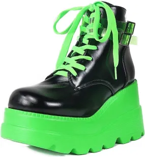 mikarka Holographic Platform Boots for Women, Lace Up Ankle Studded Buckle Goth Stacked Wedge Combat Ankle Boots