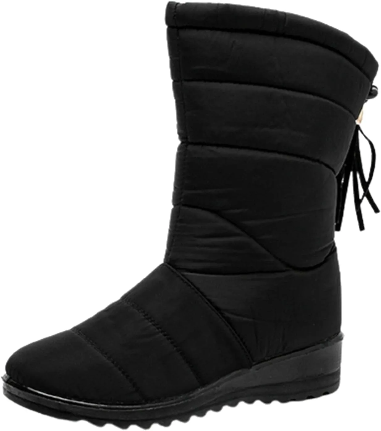 oiangi Snow Boots for Women Winter High Tube Fringed Round Toe Warm Waterproof Cloth Mid-Calf Boot Comfortable Stretch Slip-On Wedges Casual Shoes
