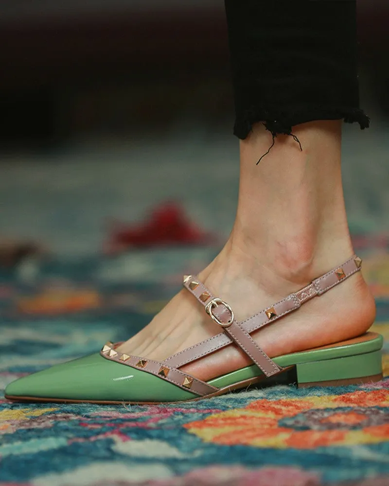 Pointed-toe Solid Color Splicing Studded Buckle Flat Sandals