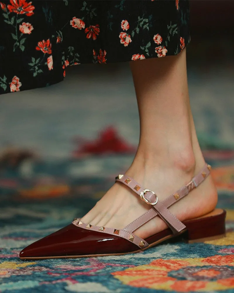 Pointed-toe Solid Color Splicing Studded Buckle Flat Sandals