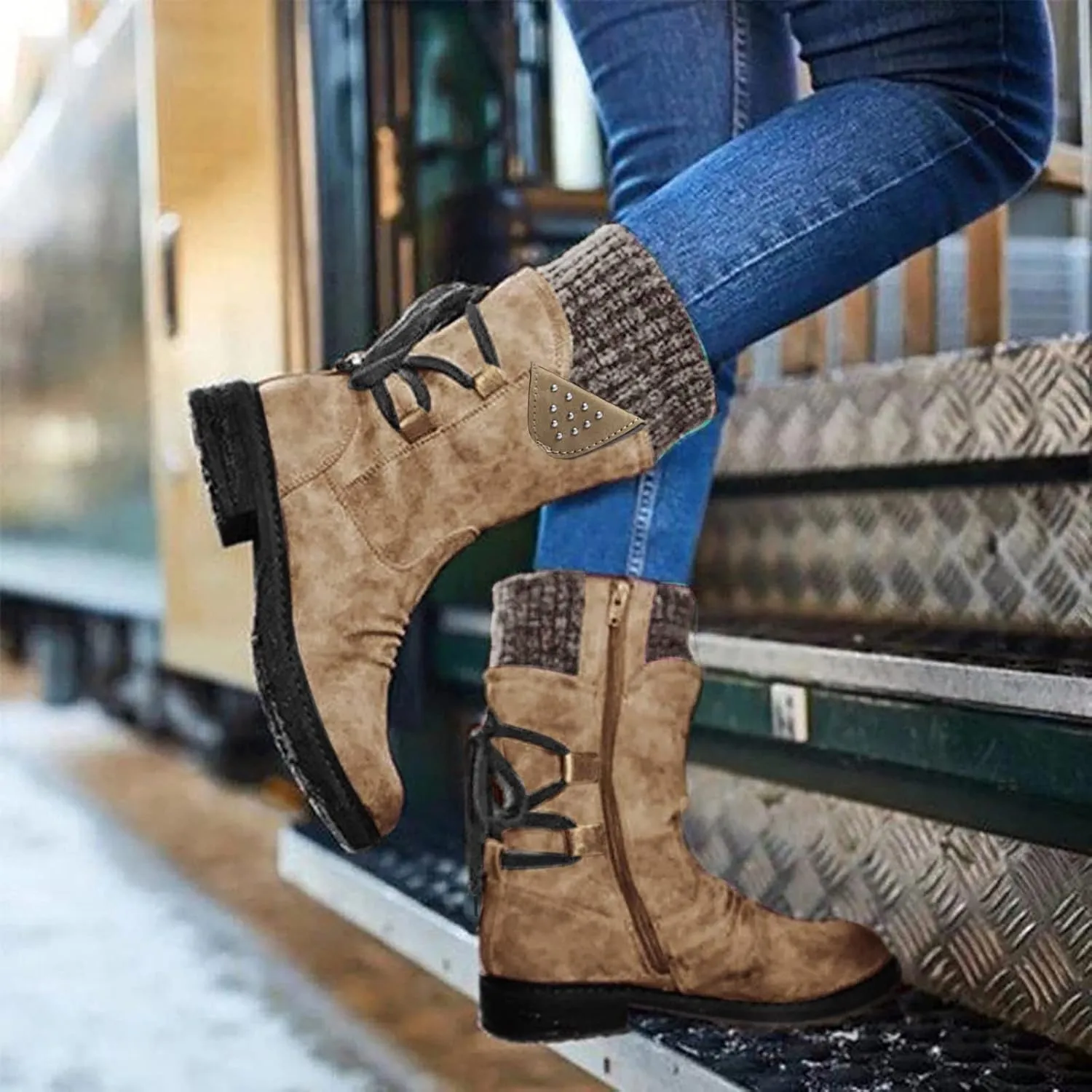 Snow Boots for Women Mid Calf Boots for Women Winter Retro Thick Square Boots Side Zipper Round Toe Comfortable Boots