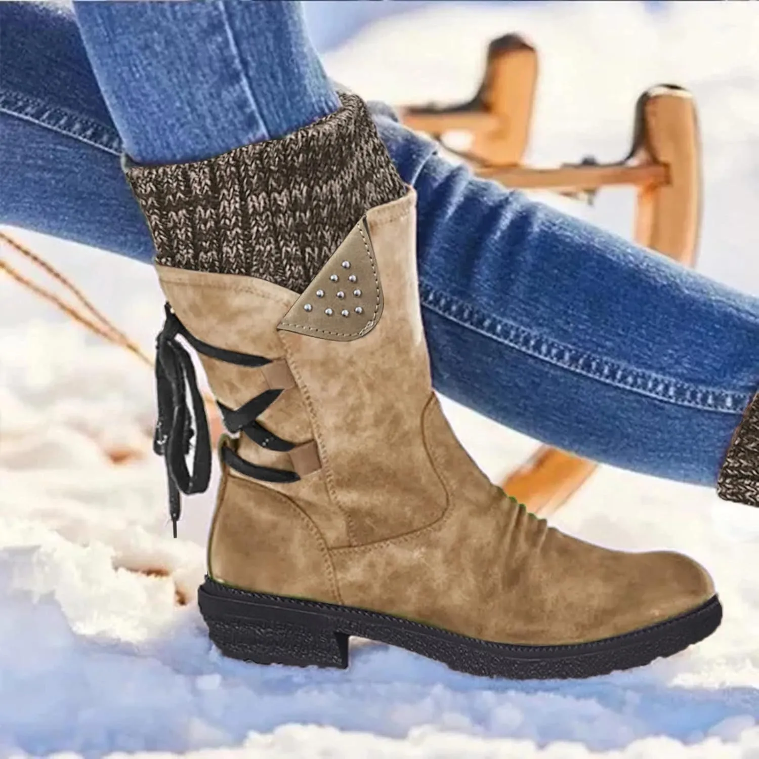 Snow Boots for Women Mid Calf Boots for Women Winter Retro Thick Square Boots Side Zipper Round Toe Comfortable Boots