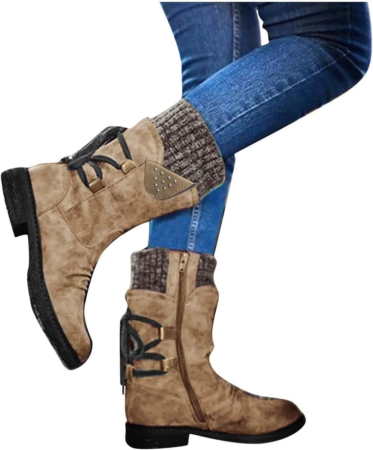 Snow Boots for Women Mid Calf Boots for Women Winter Retro Thick Square Boots Side Zipper Round Toe Comfortable Boots