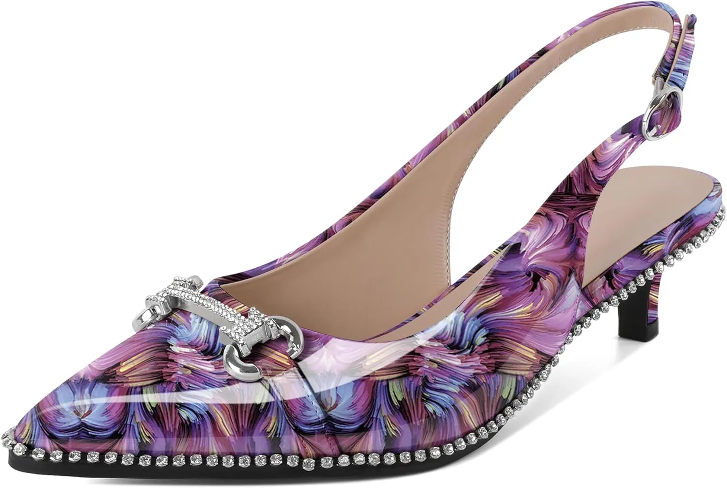 Soireelady Womens Slingback Kitten Heels Low Heel Rhinestones Beaded Pumps Closed Pointed Toe Slip On Party Fashion Dress Shoes 1.5 Inches
