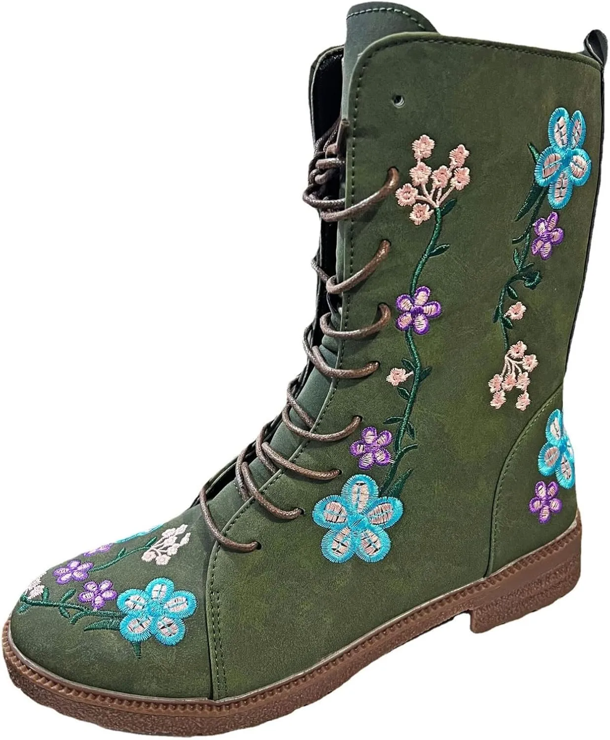 Women Low Heel Mid Calf Boots Comfortable Boots for Women Walking Low Chunky Heels Flower Embroidered Lace up Boots