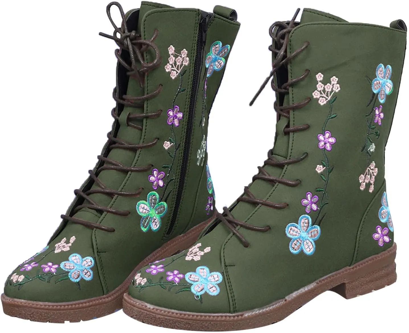 Women Low Heel Mid Calf Boots Comfortable Boots for Women Walking Low Chunky Heels Flower Embroidered Lace up Boots