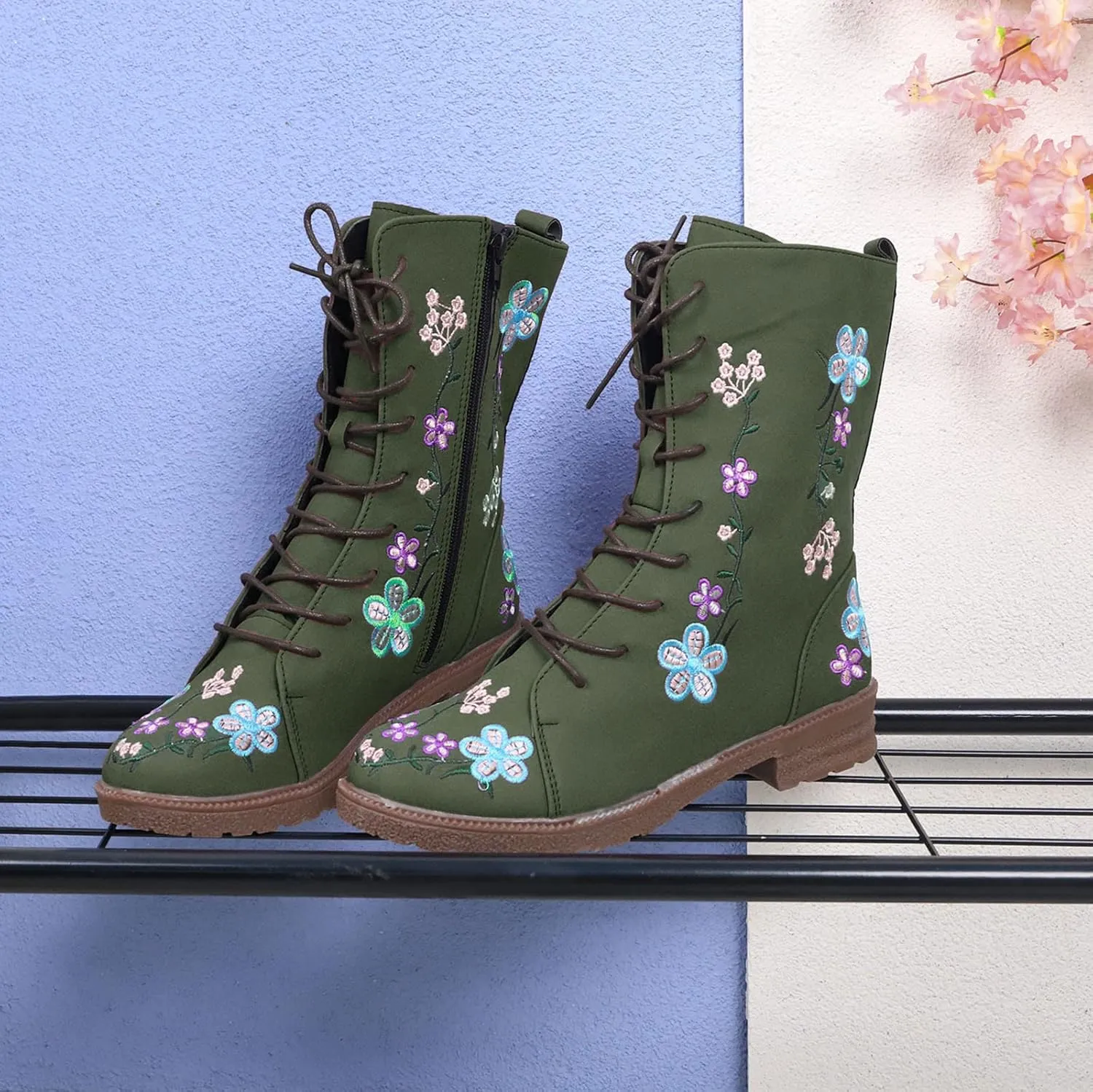Women Low Heel Mid Calf Boots Comfortable Boots for Women Walking Low Chunky Heels Flower Embroidered Lace up Boots