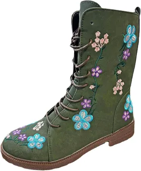 Women Low Heel Mid Calf Boots Comfortable Boots for Women Walking Low Chunky Heels Flower Embroidered Lace up Boots
