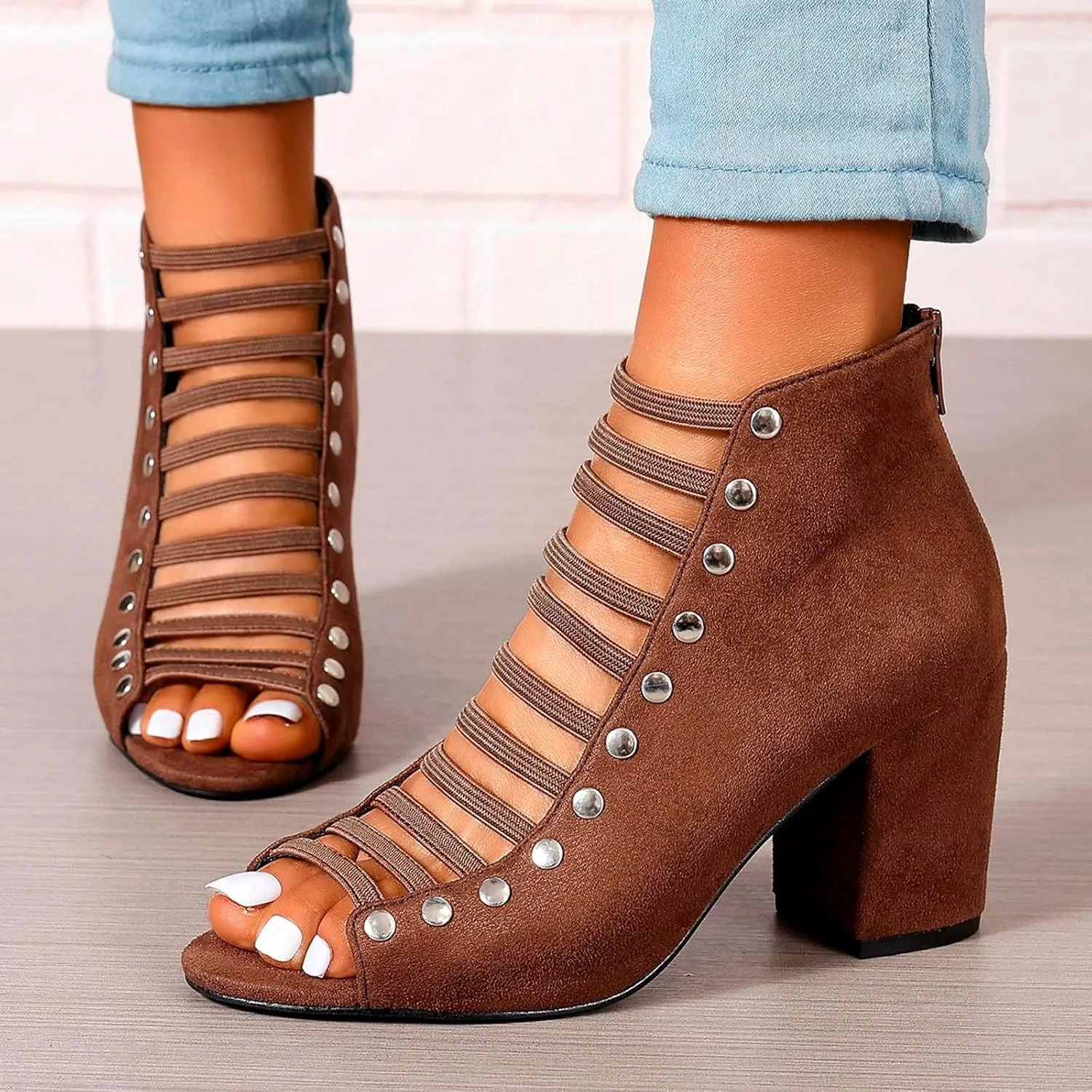 Women Toe Suede Sandals Back Zipper Cutout Sandals Chunky High Heel Ankle Strap Womens Dress High Heels 13 Wide