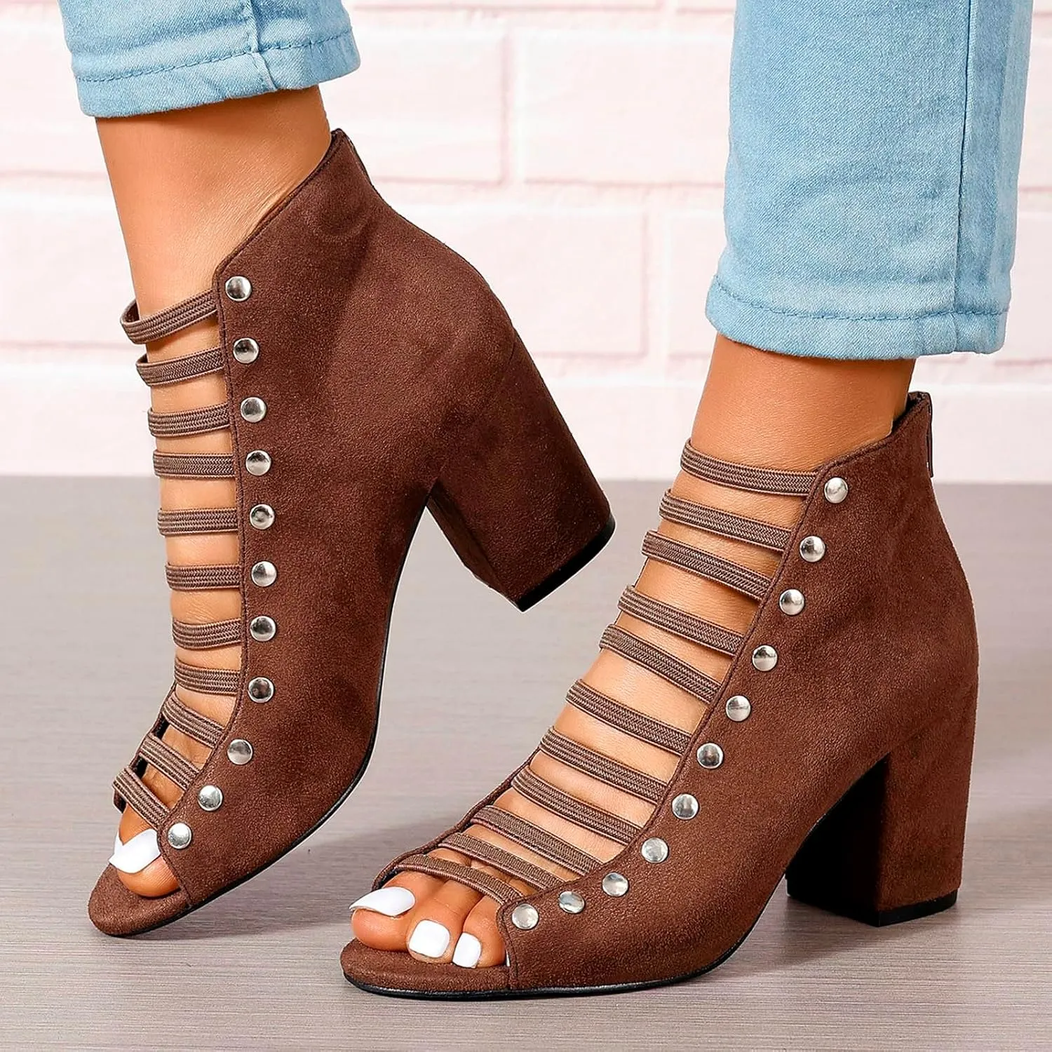Women Toe Suede Sandals Back Zipper Cutout Sandals Chunky High Heel Ankle Strap Womens Dress High Heels 13 Wide