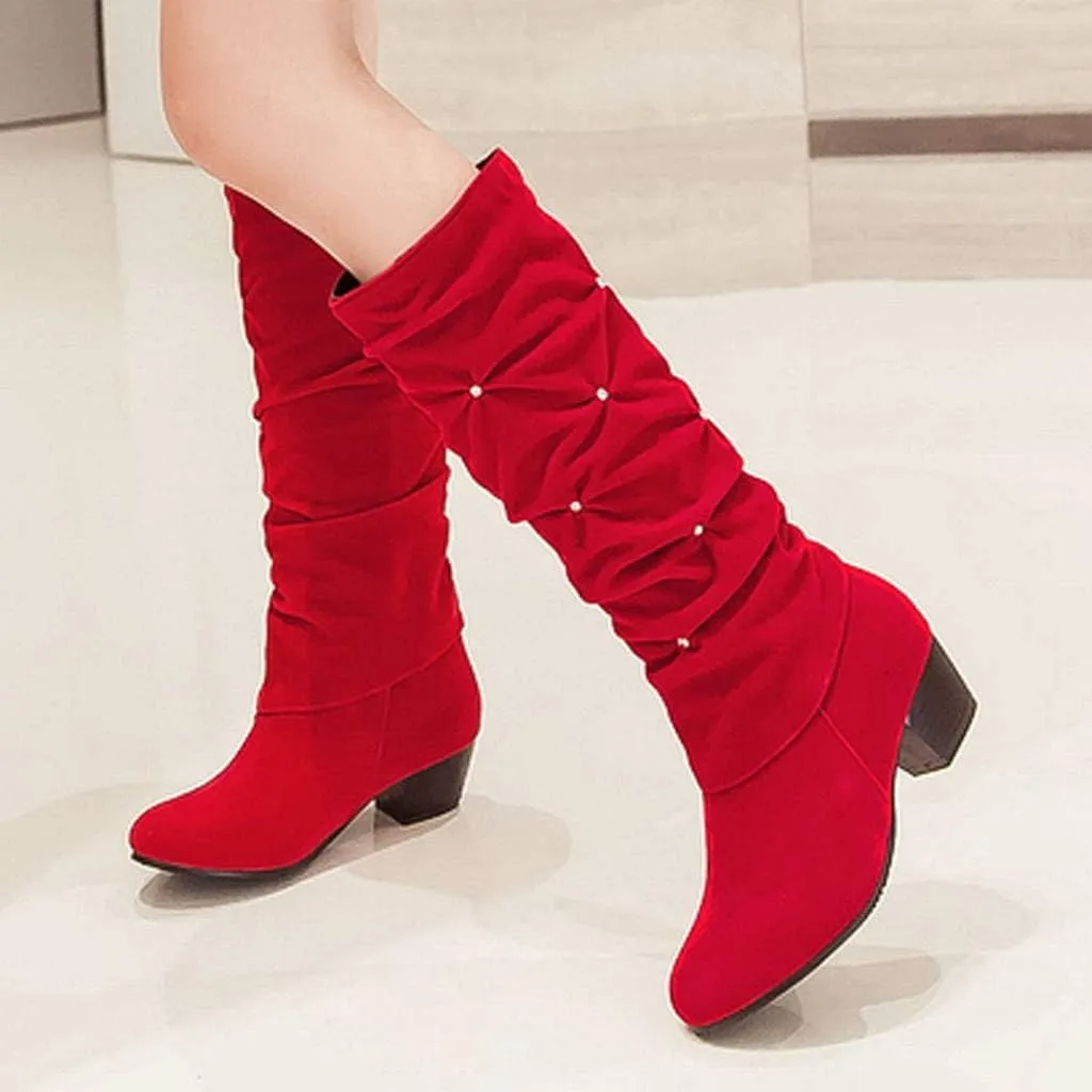 Womens Mid Calf Rhinestone Boots Fashion Round Toe Low Heel Knee High Riding Boot Soft Slouchy Boot Party Bling Shoes