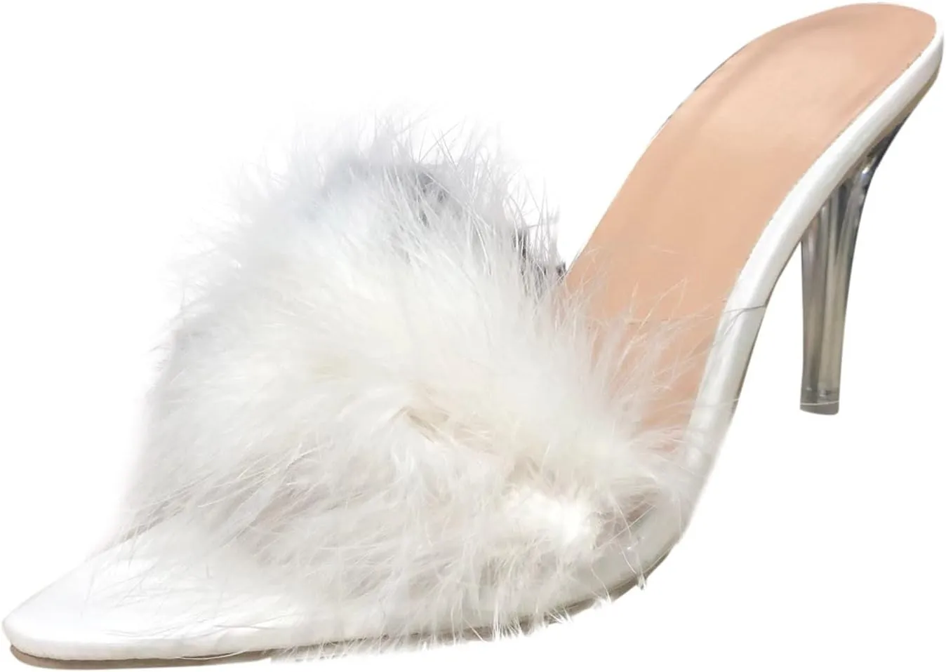 Women's Sandals Square Toe Lw Stiletto Heels Mules Fuzzy Slip on Pointed Slingback Wedding Part Dress Shoes (White, 8)