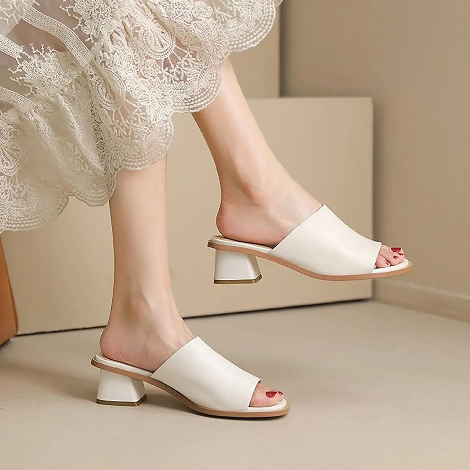 Women's Square Open Toe Heels Sandals Low Block Chunky Heeled Sandal Slip on Mules Casual Dress Pumps Shoes