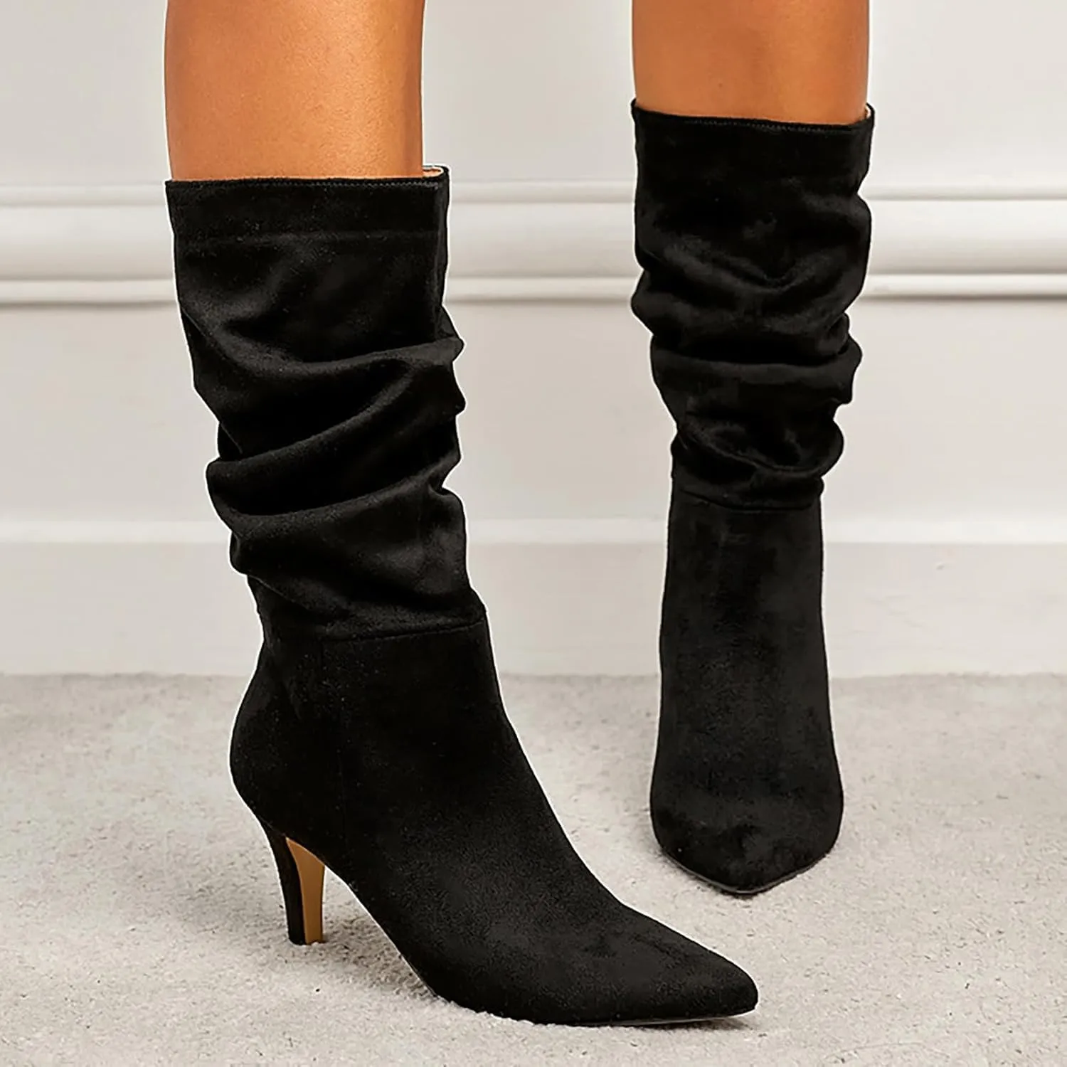 Women's Winter Fashion High Heel Mid Calf Boots Slouchy Pointed Toe Faux Suede Boots Stiletto Pointed Toe Booties