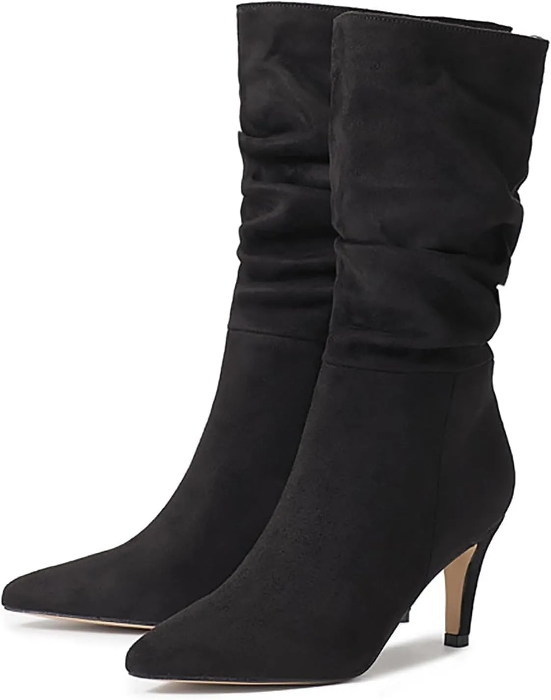 Women's Winter Fashion High Heel Mid Calf Boots Slouchy Pointed Toe Faux Suede Boots Stiletto Pointed Toe Booties