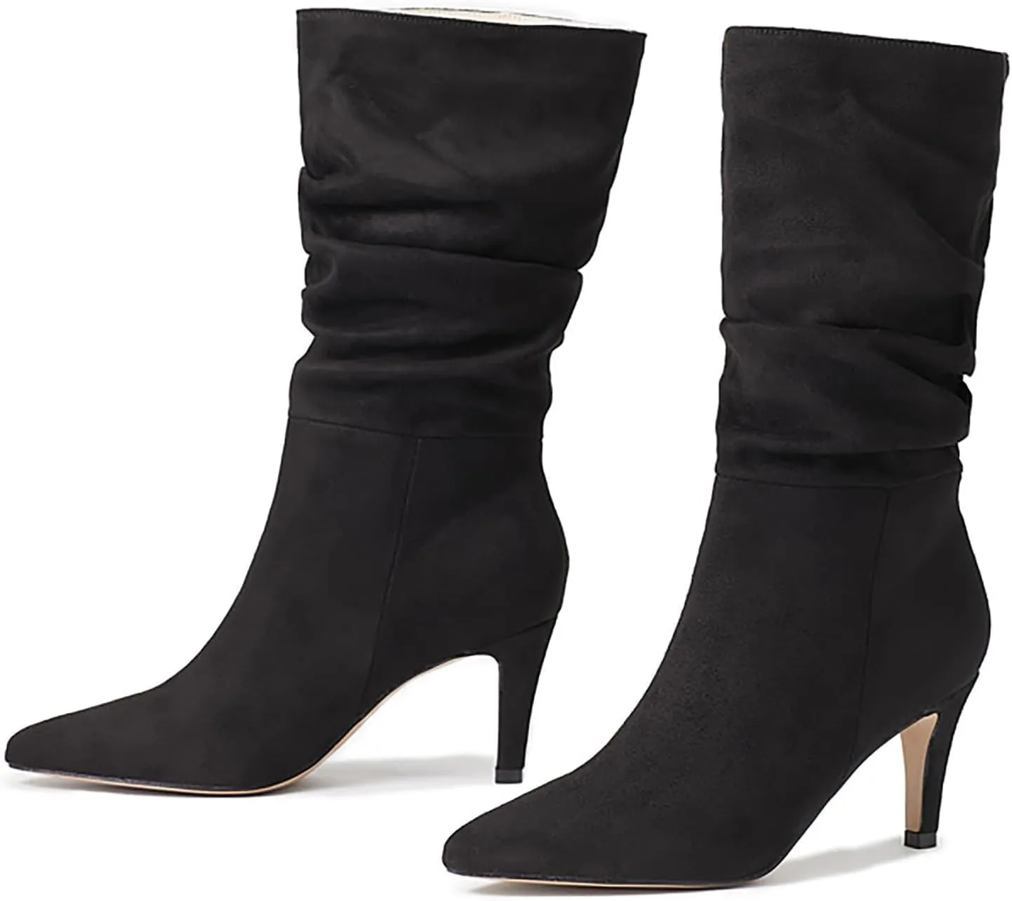 Women's Winter Fashion High Heel Mid Calf Boots Slouchy Pointed Toe Faux Suede Boots Stiletto Pointed Toe Booties