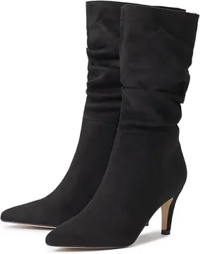 Women's Winter Fashion High Heel Mid Calf Boots Slouchy Pointed Toe Faux Suede Boots Stiletto Pointed Toe Booties
