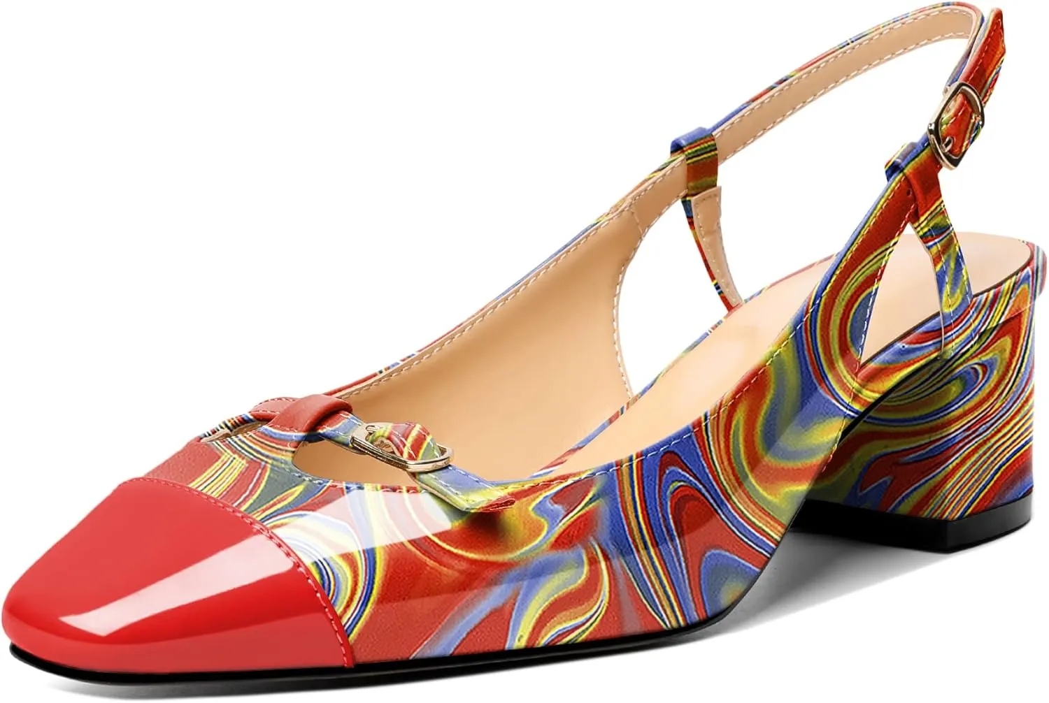 Zamikoo Women's Slingback Heels, Square Toe Low Block Heels with Adjustable Buckle, 2 Inches Multicolor Heels, Dress Shoes for Ladies Office Wedding Work Evening