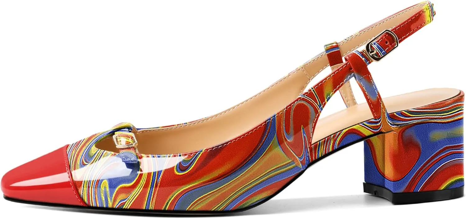 Zamikoo Women's Slingback Heels, Square Toe Low Block Heels with Adjustable Buckle, 2 Inches Multicolor Heels, Dress Shoes for Ladies Office Wedding Work Evening