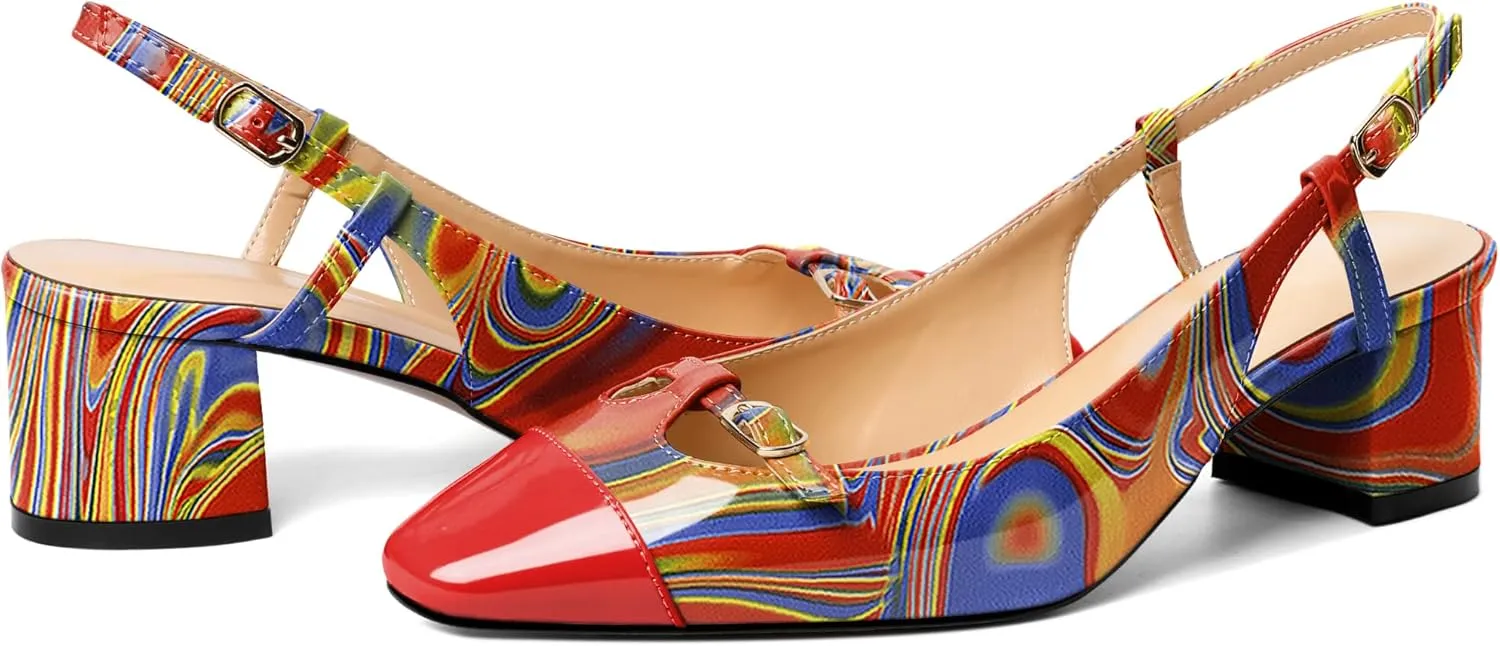 Zamikoo Women's Slingback Heels, Square Toe Low Block Heels with Adjustable Buckle, 2 Inches Multicolor Heels, Dress Shoes for Ladies Office Wedding Work Evening